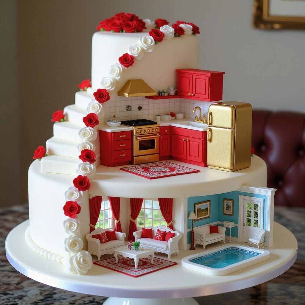 Intricate Fondant Cake Diorama with Miniature Rooms