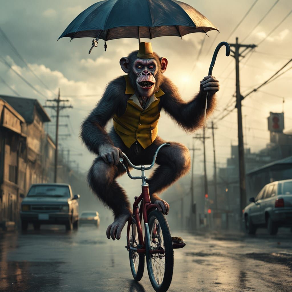 Zombie Clown Monkey on Highwire in Oil Painting Style