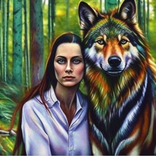 Natural Wild Woman with Wolf in Forest Painting