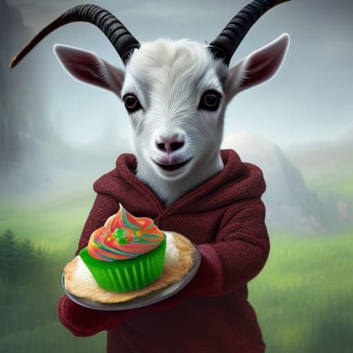 Hooded Baby Goat Eats Cupcake: Fantasy Art