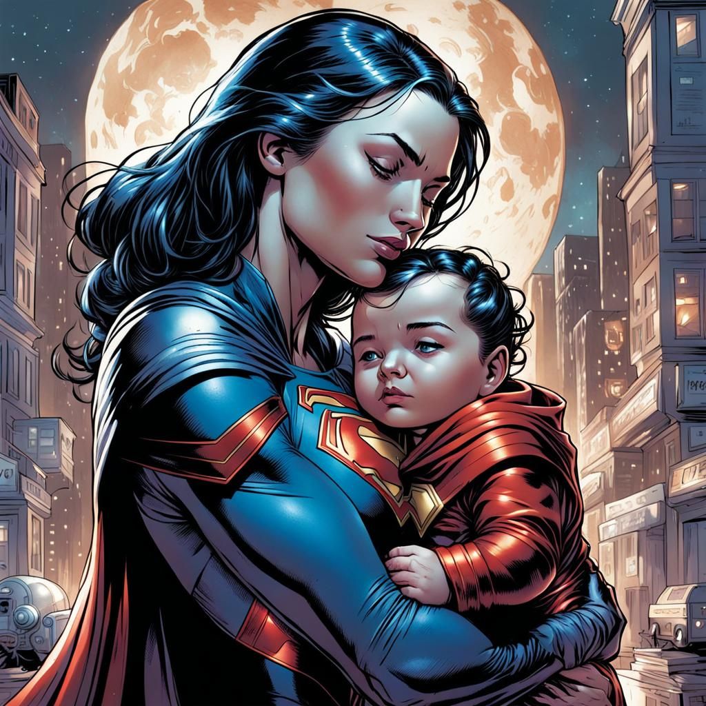 Superwoman Cuddling Baby, Comic Book Art