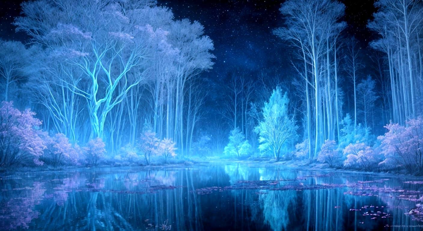 Dreamy Landscape with White Fire Trees and Lacy Figures