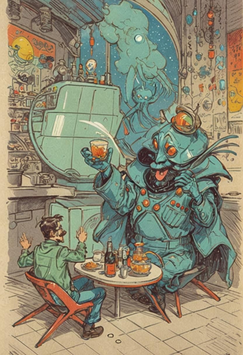 Futuristic Anime Restaurant with Alien and Man
