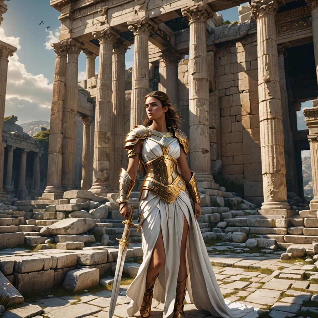 Athena in Gold Armor, Detailed Digital Matte Painting
