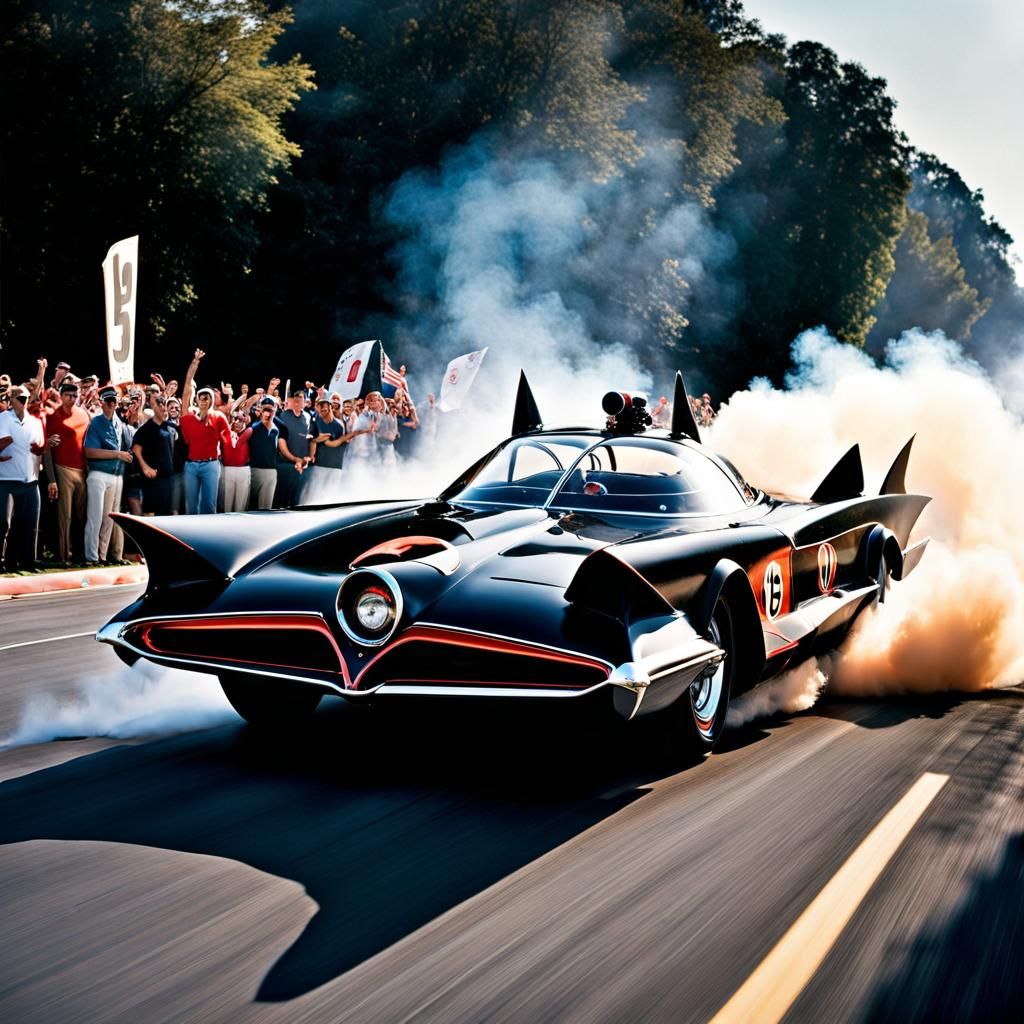 The 1966 Batmobile Powersliding at Dusk
