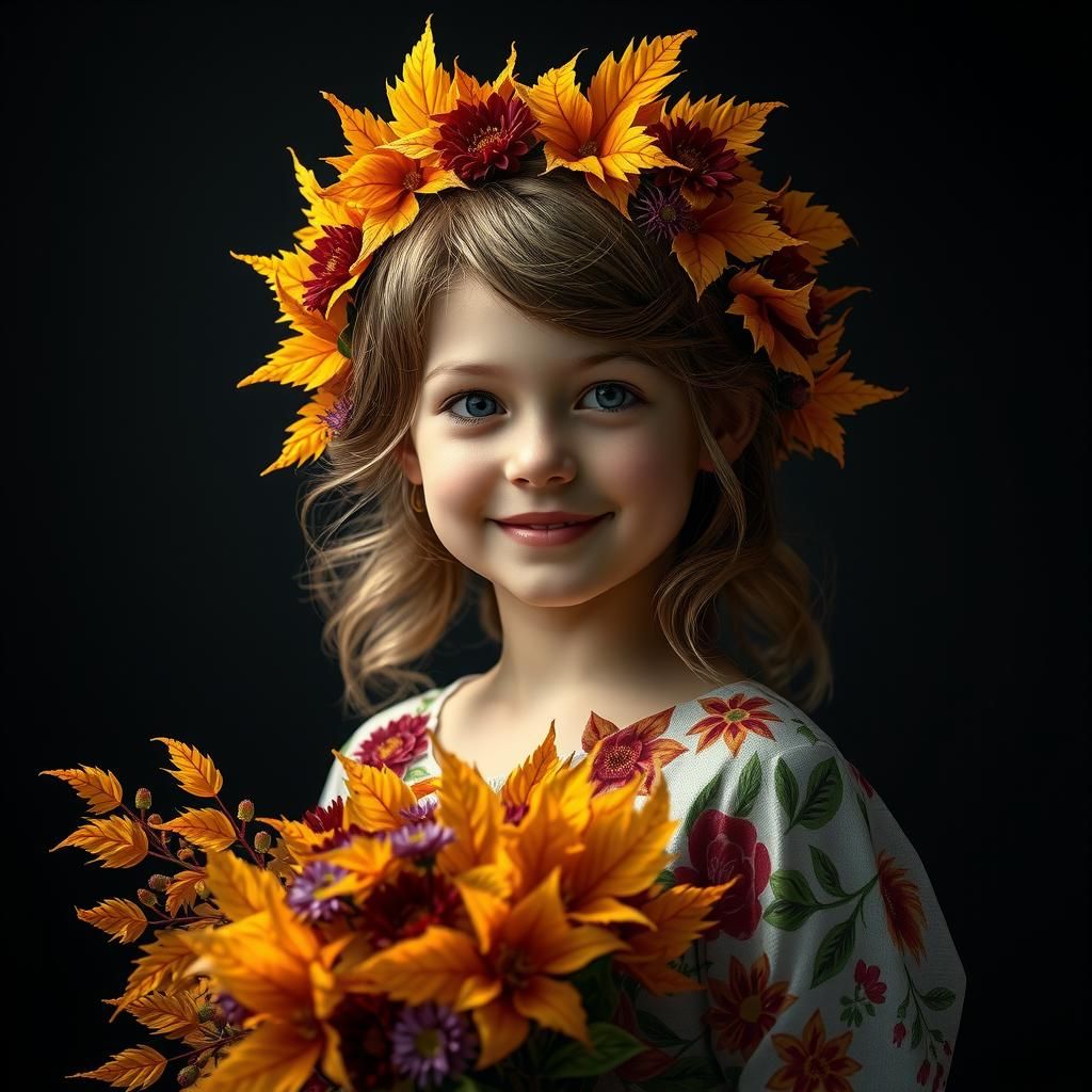 Girl with Autumn Wreath in Hyperrealistic CG Style