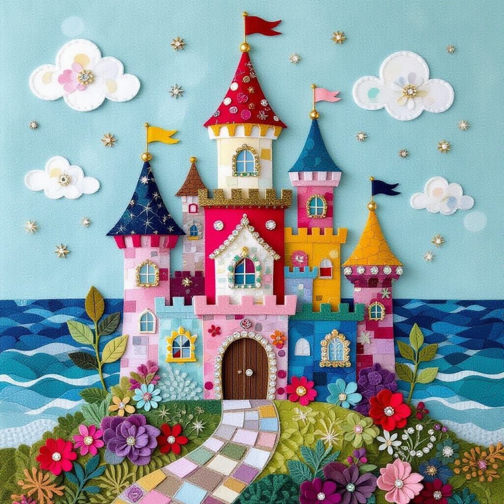 Whimsical Felt Castle by the Sea: Folk Art Collage