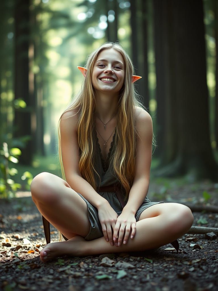 Joyful Elf in Forest, Cinematic Film Still