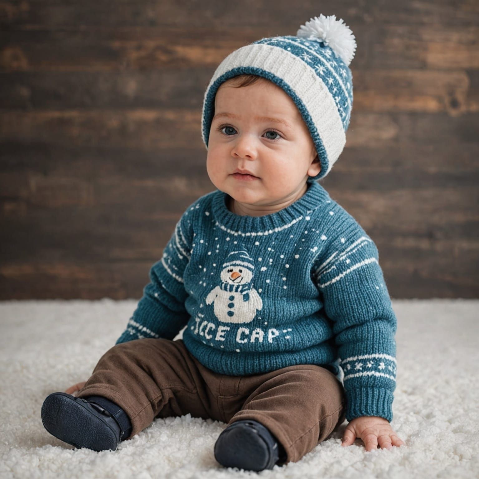 Adorable Baby Boy in Cozy Sweater and Ice Cap