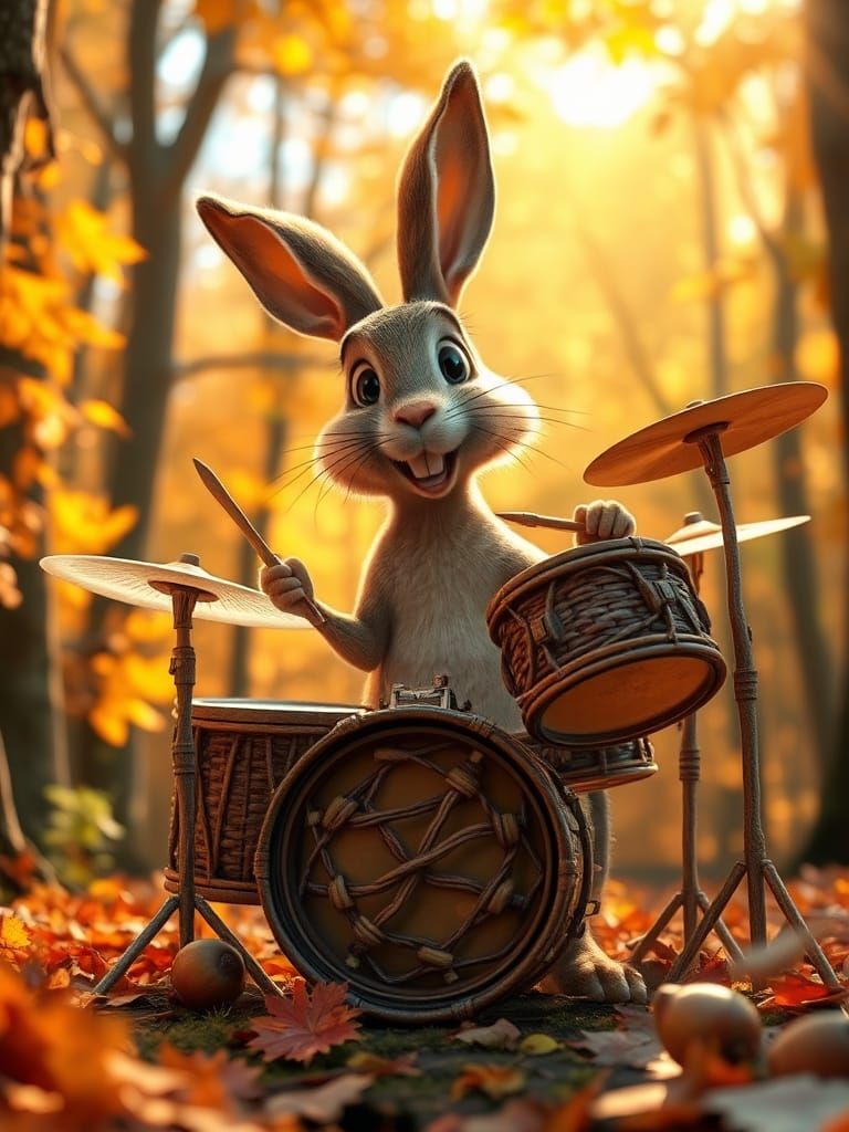 Hare Drummer in Autumn Forest, Pixar-Style Caricature