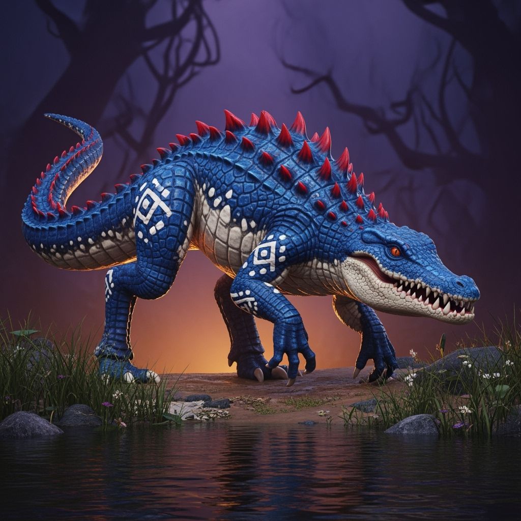 Blue Bipedal Alligator with Red Spikes in Swamp