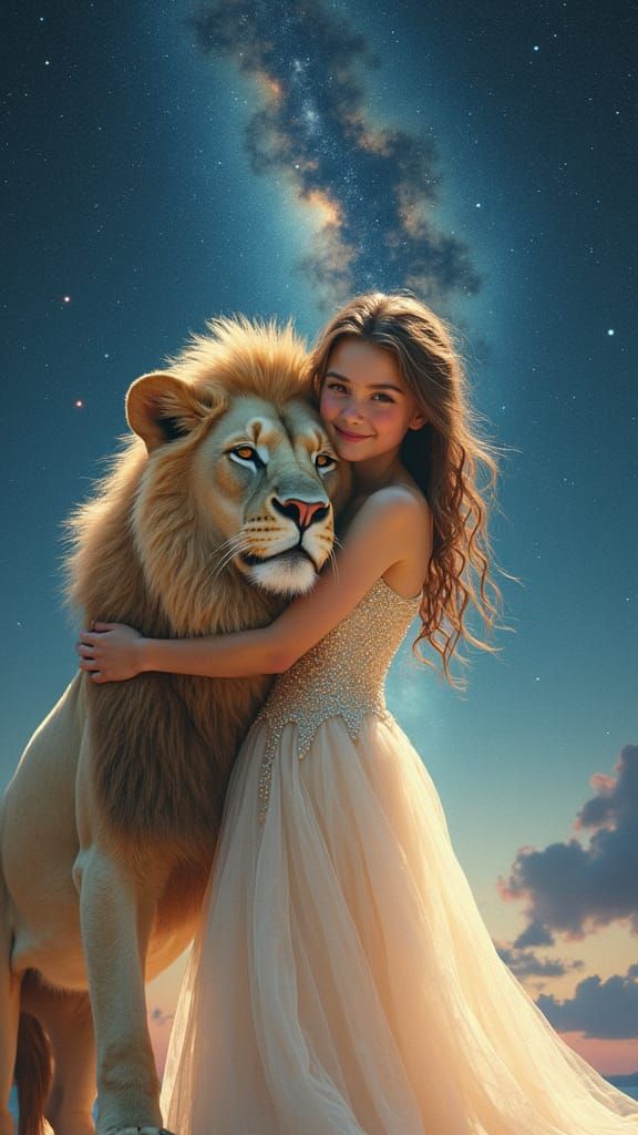 Girl and Lion Under Starry Sky