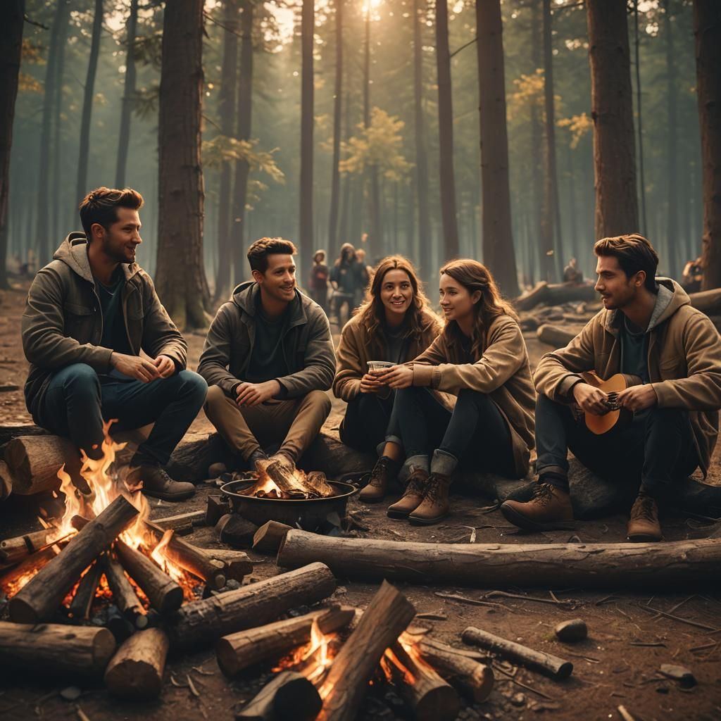 Friends Around Campfire in Moody Cinematic Style