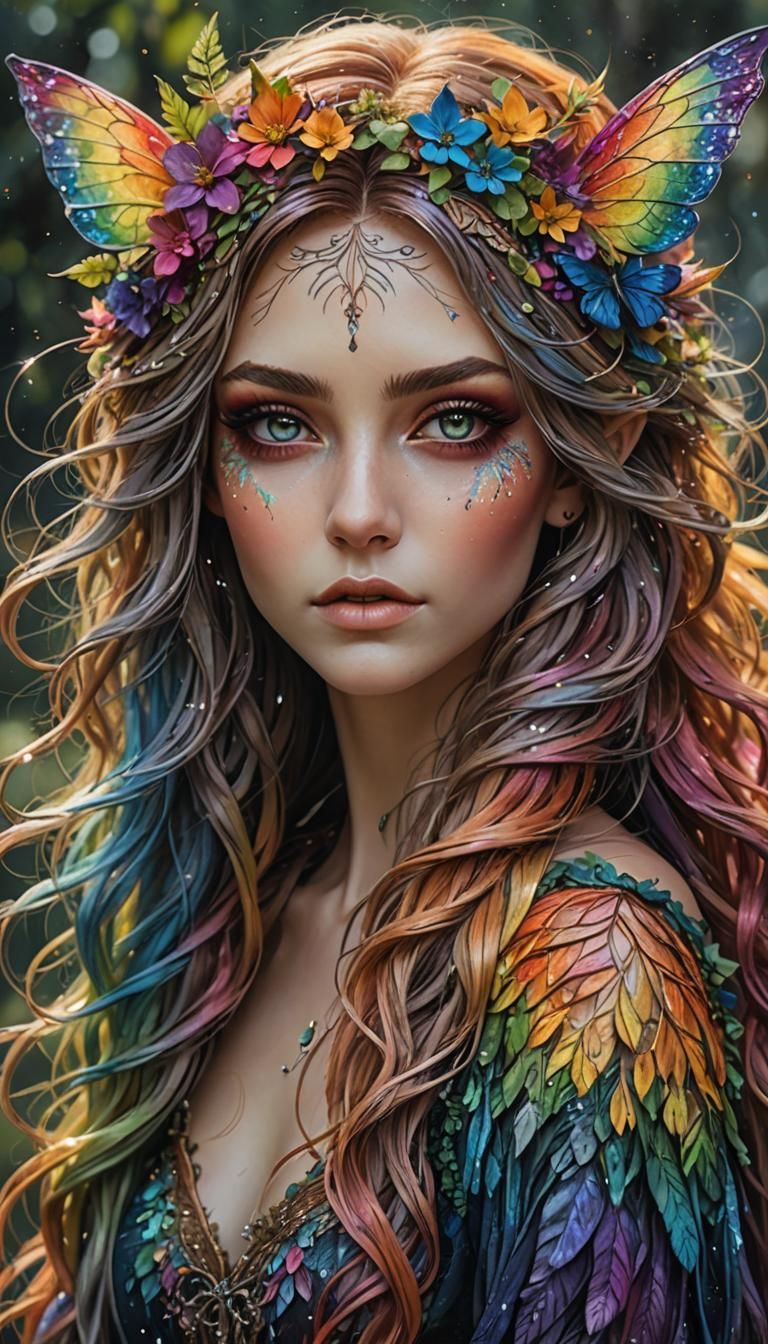 Beautiful Fae Female with Rainbow Hair, Hyper-Realistic Art