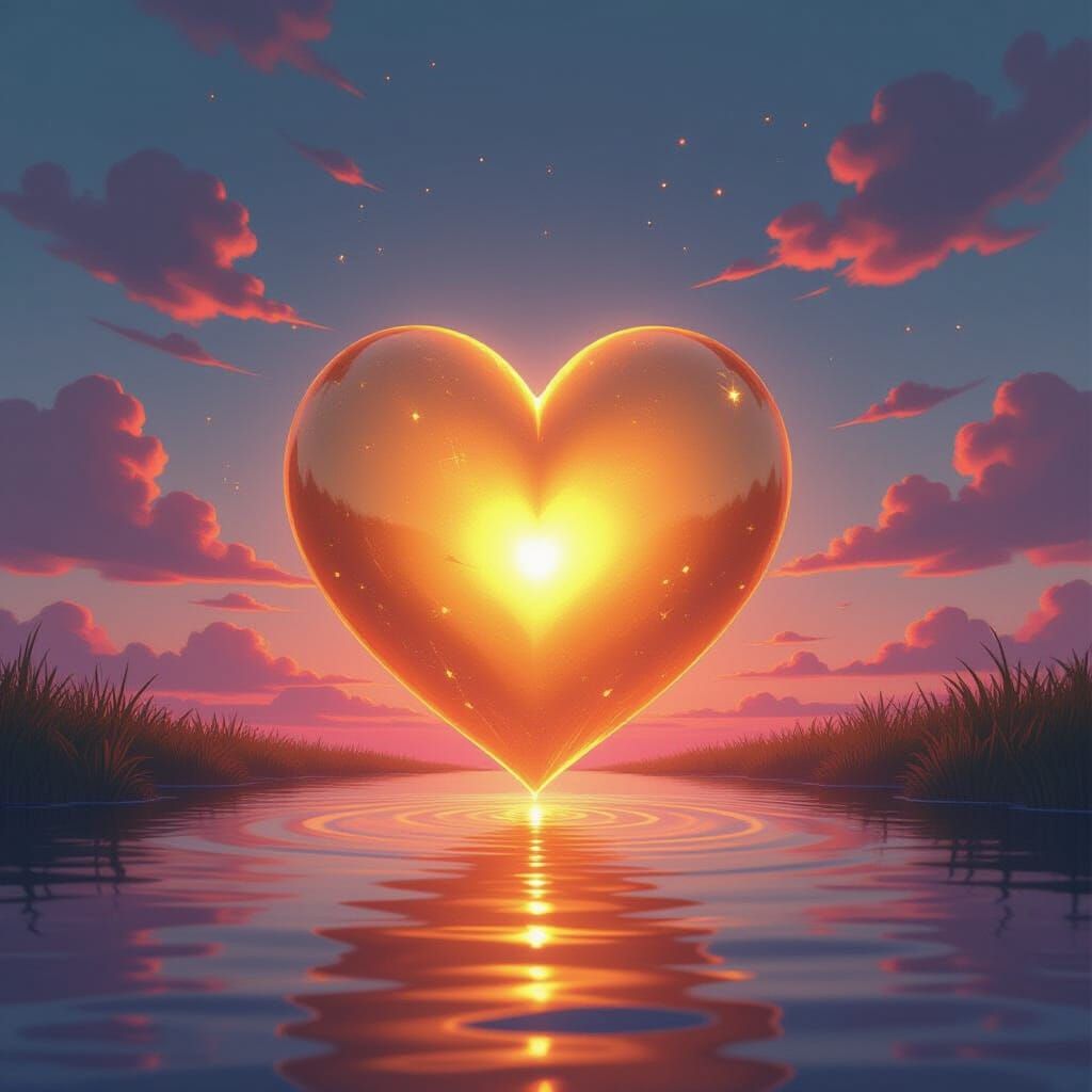 Radiant Golden Heart in Dawn Sky Hyperrealistic Splash Art