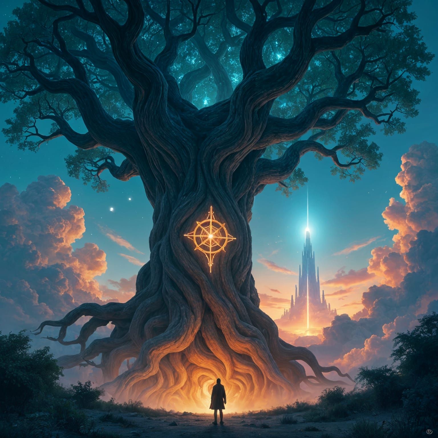 Ancient Glowing Tree and Ethereal Tower