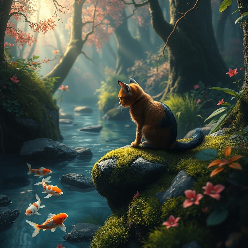 Ginger Cat in Mystical Forest Brook, Matte Painting