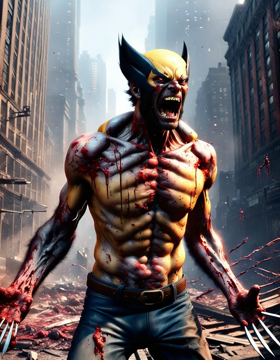 Zombie Wolverine in Destroyed City: Detailed Matte Painting