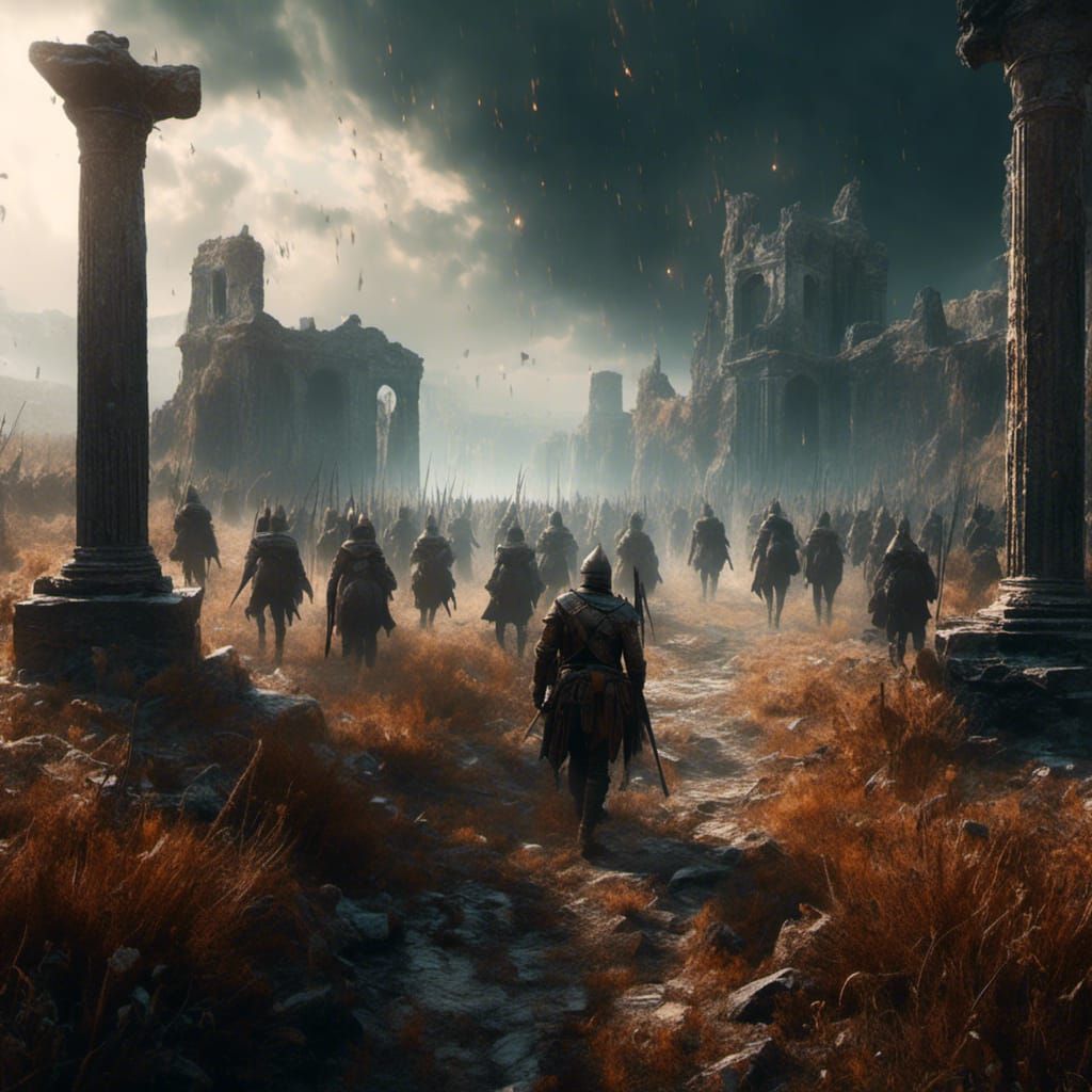 Medieval Army Marches in Misty Landscape