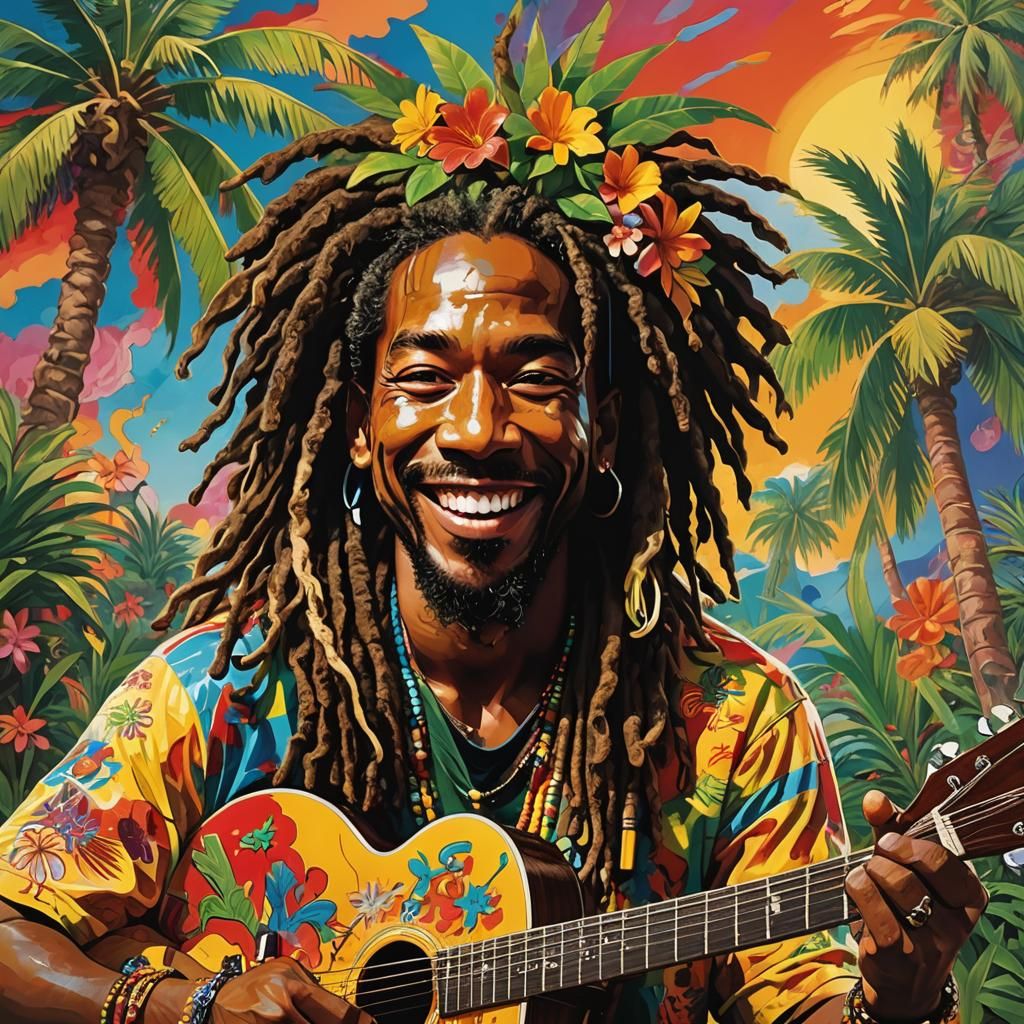 Smiling Reggae Musician in Hyperrealistic Splash Art