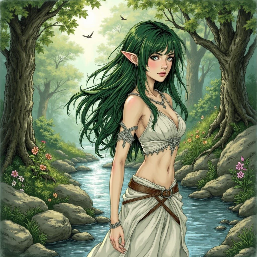 Ethereal Elf Maiden Beside Mountain Stream