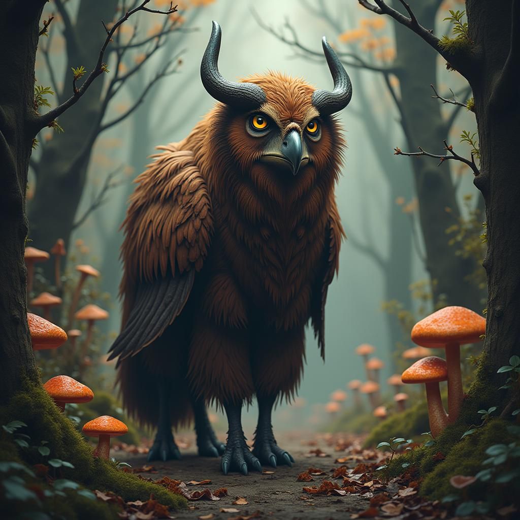 Majestic Owl-Buffalo Hybrid in Mystical Forest