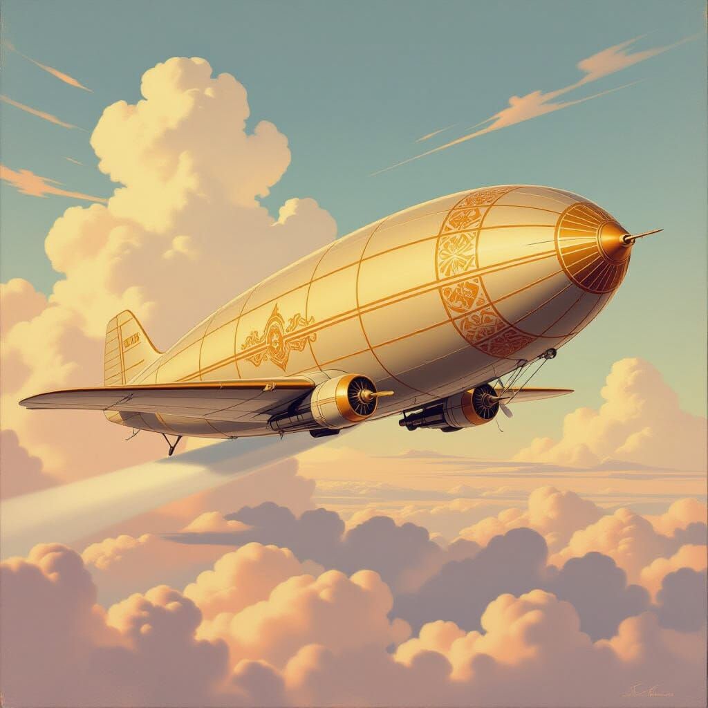 Art Deco Zeppelin Airship in Pastel Sky