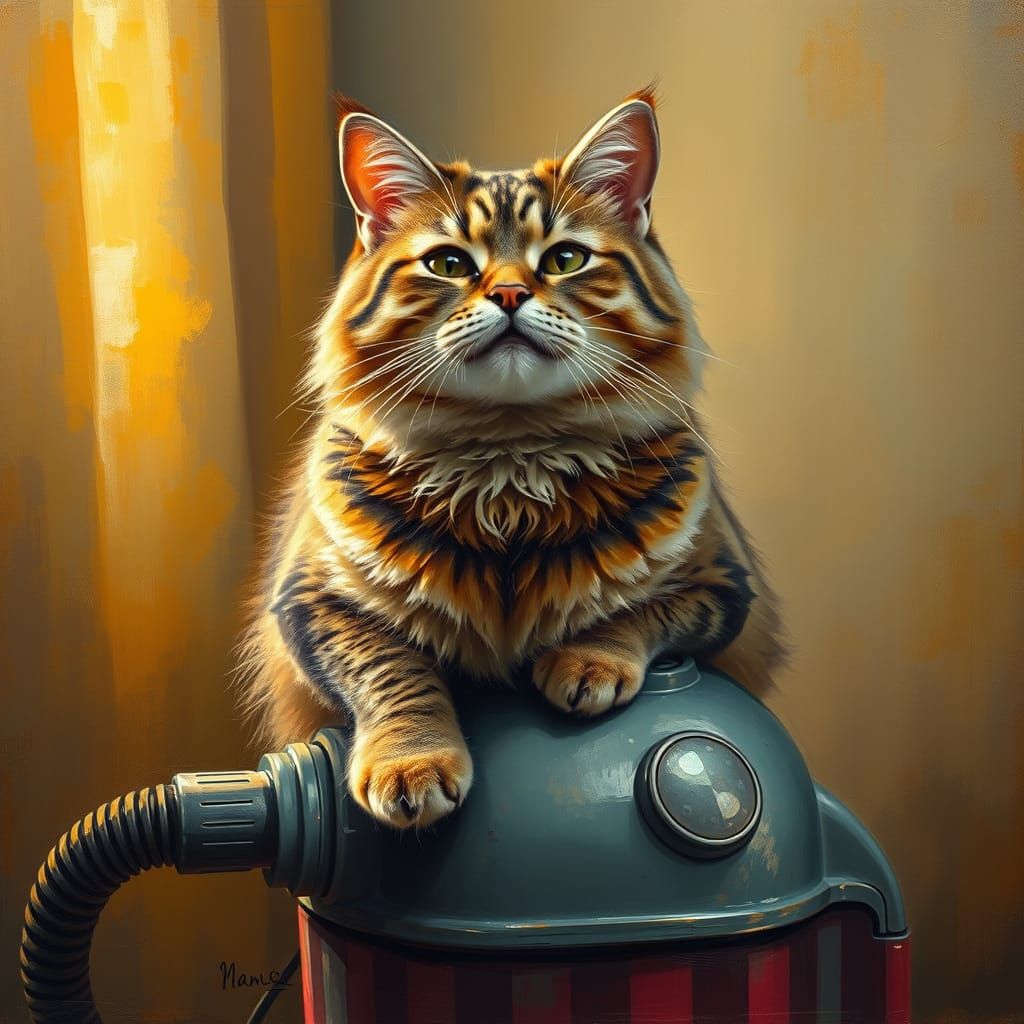 Contented Cat on Vintage Vacuum, Oil Painting
