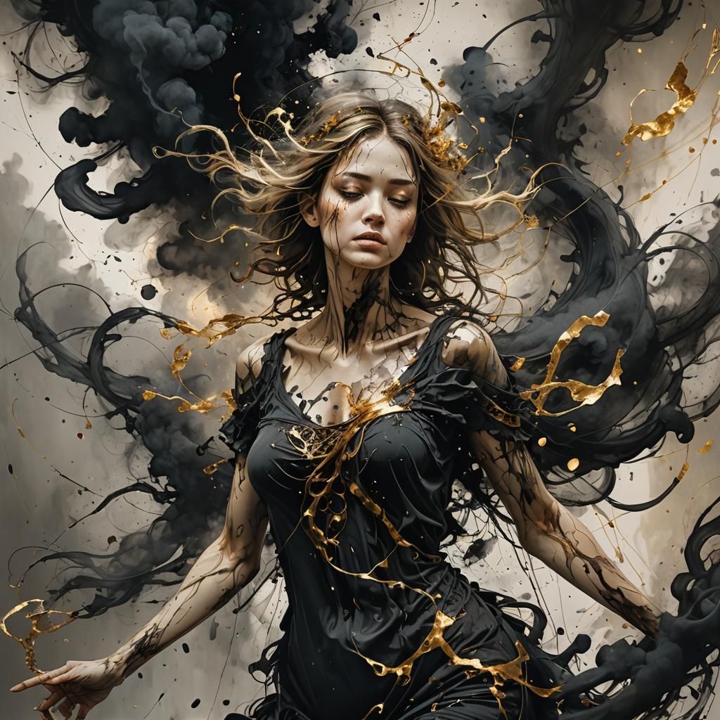 Liquid Ink Angel Dissolving into Smoke, Digital Art