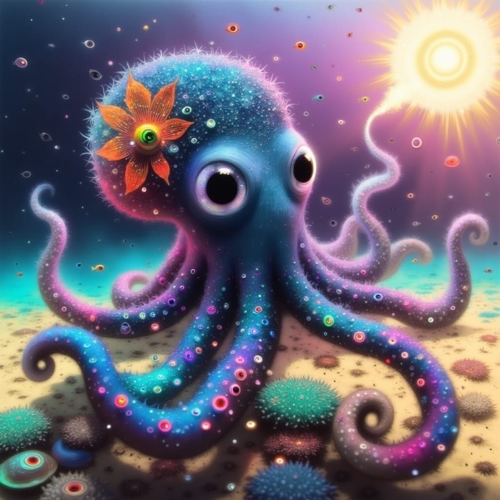 Whimsical Baby Octopus Reaches for Sunlit Coral Reef