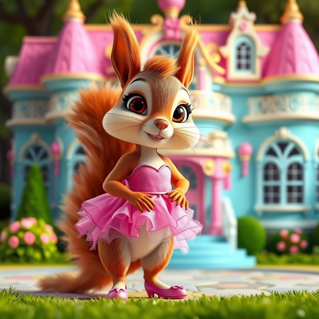 Whimsical Squirrel in Pink Ballgown in Front of Barbie's Dre...