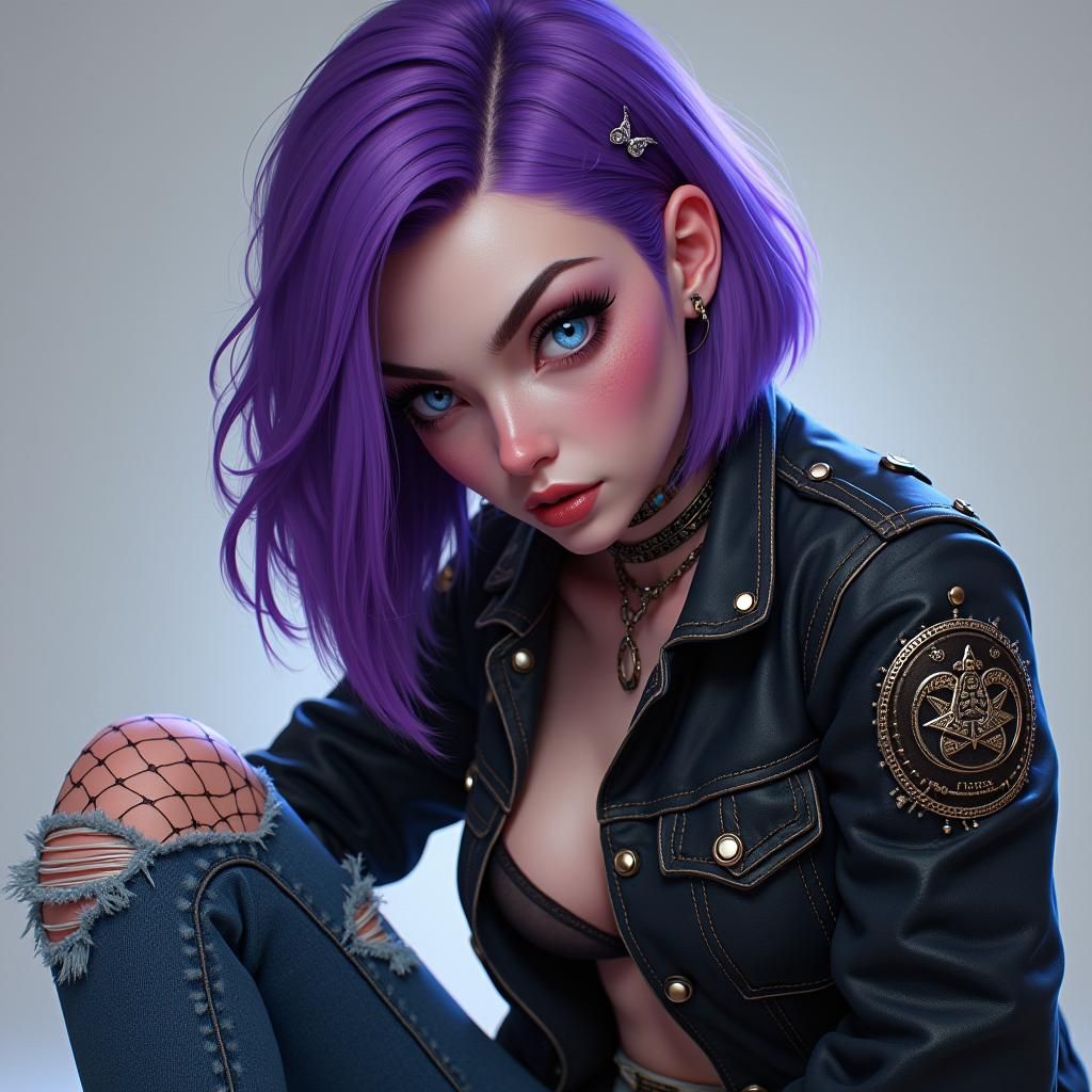 Egirl with Purple Hair in Cyberpunk Style