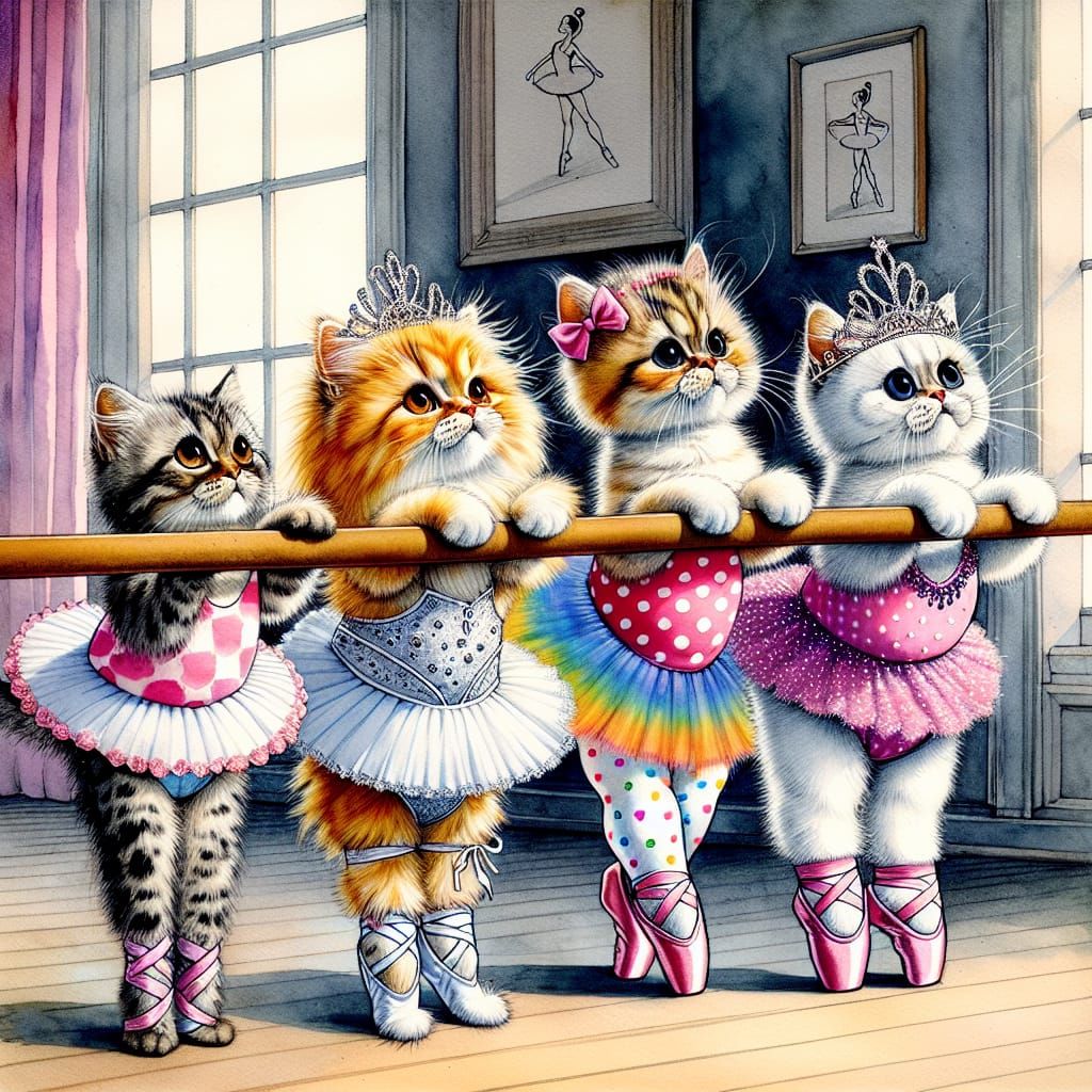 Fluffy Kitten Ballet Class in Whimsical Watercolor Style