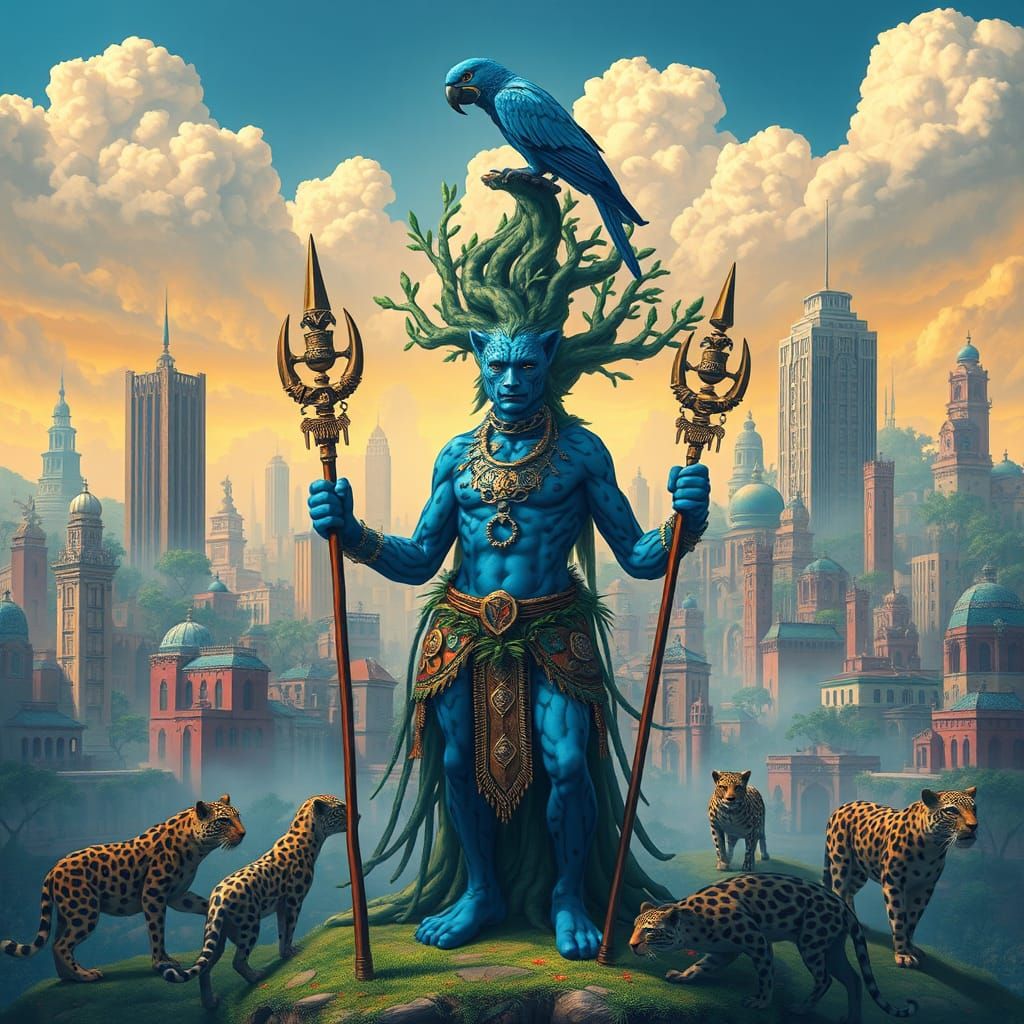 Blue Leopard Shaman in Lush Organic Cityscape