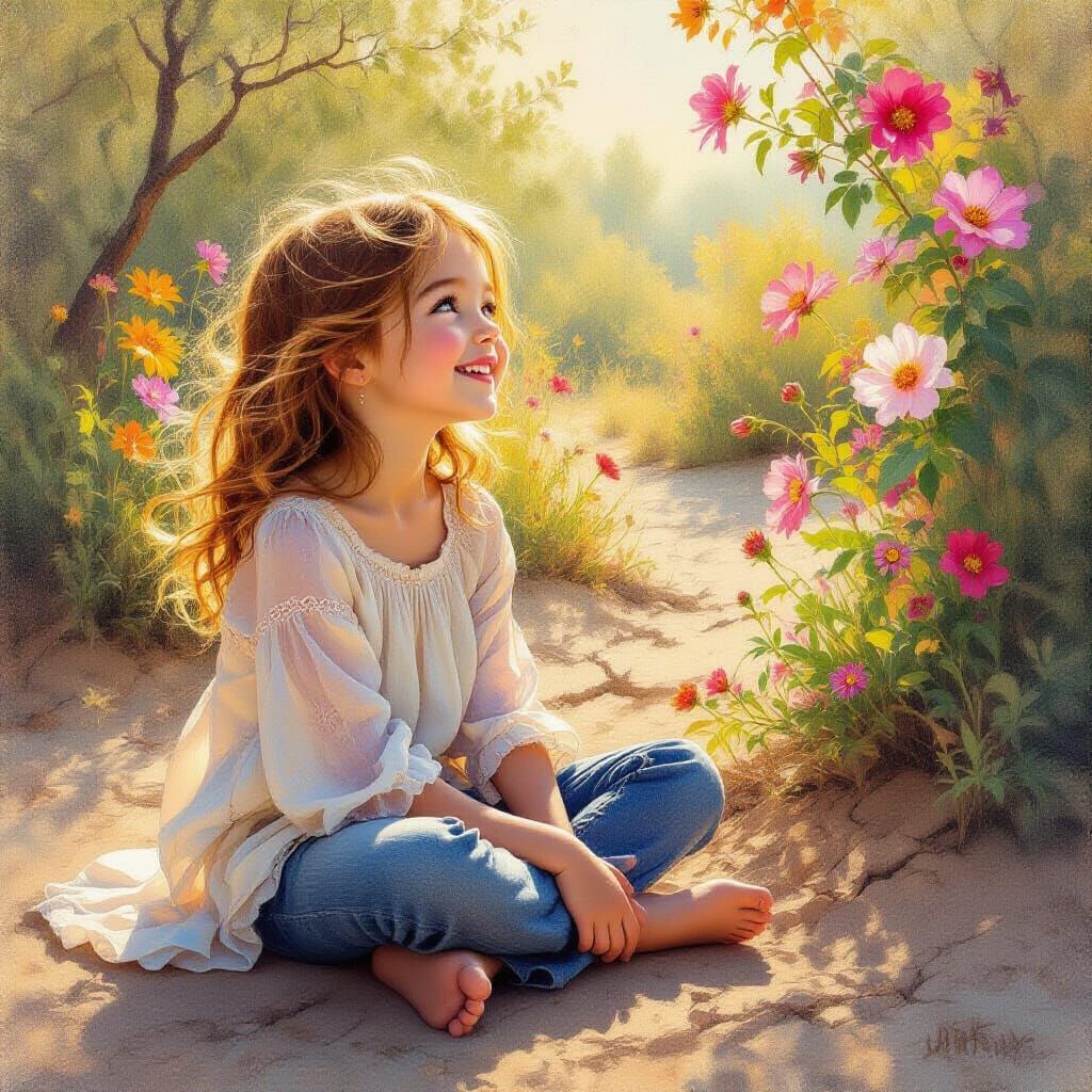 Ethereal Bloom Girl in Textured Charcoal Sketch