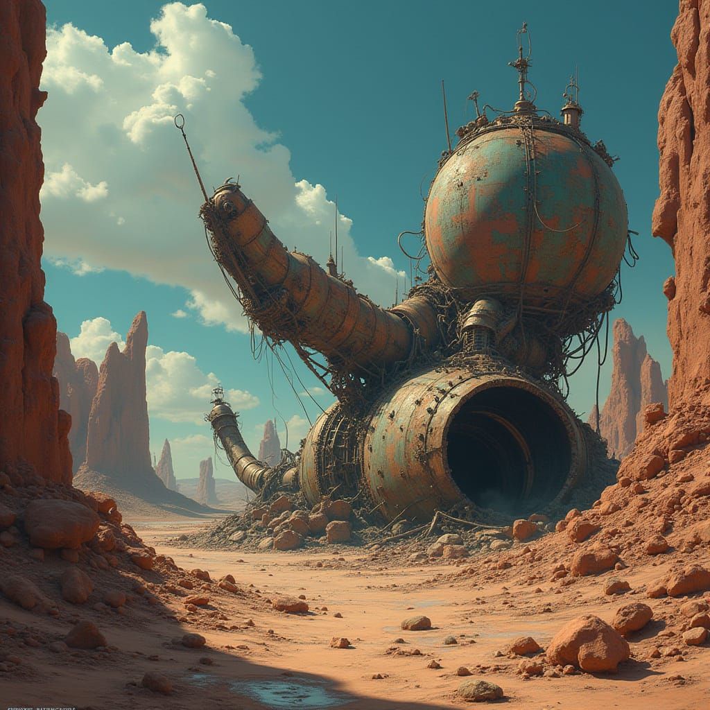 Post-Apocalyptic Desert Landscape with Twisted Machinery