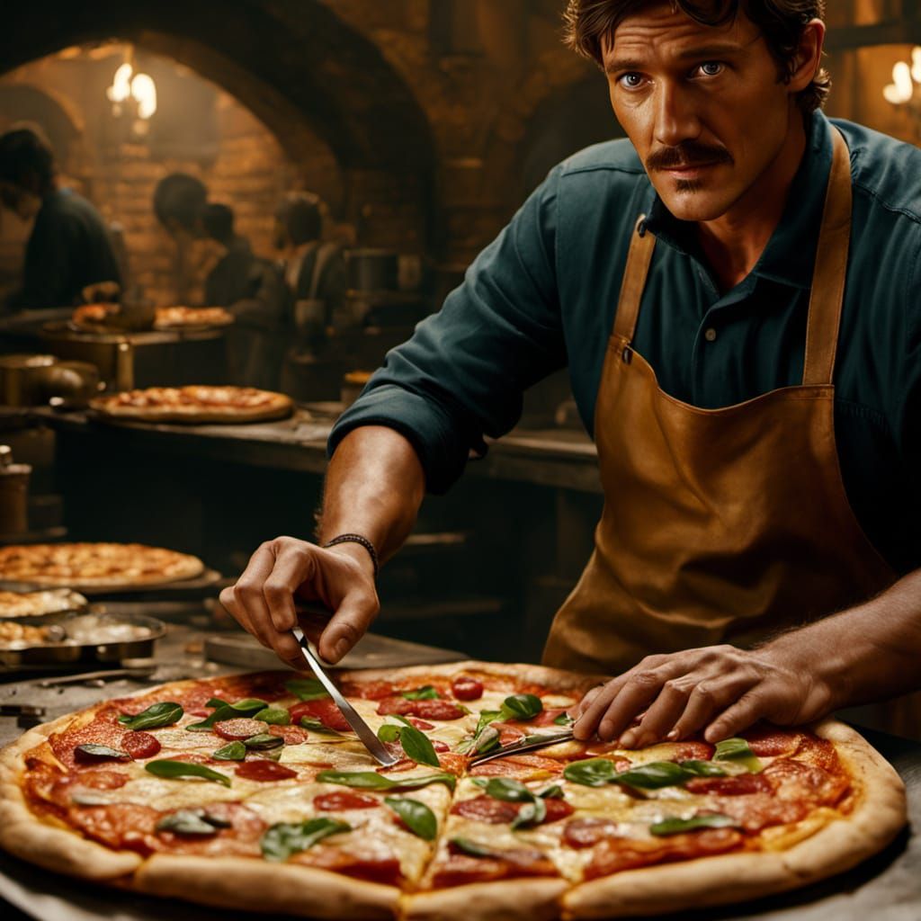 Pedro Pascal Slices Pizza: Cinematic Digital Art