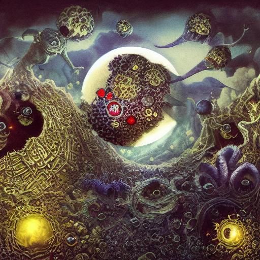 Surreal Bioluminescent Skull Garden Gouache Painting