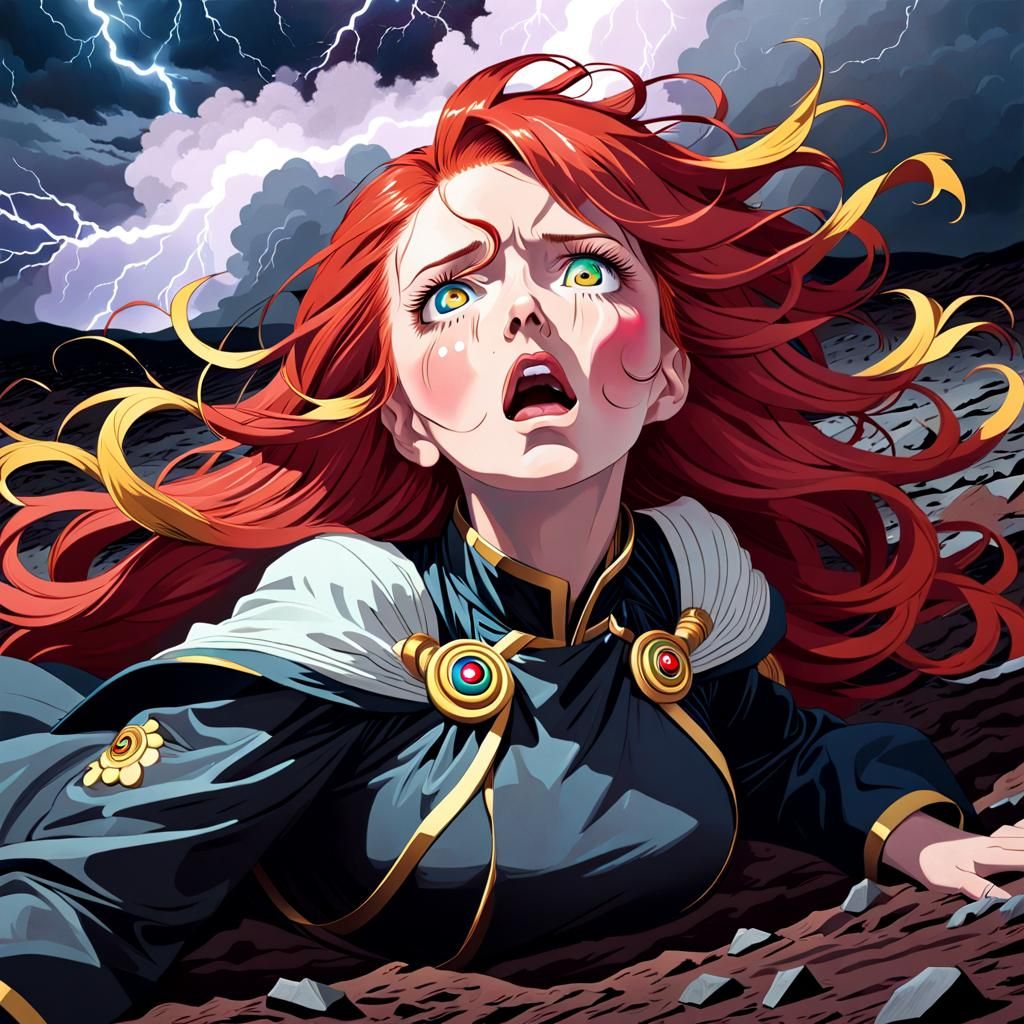 Red-Haired Woman Crying Under Stormy Sky