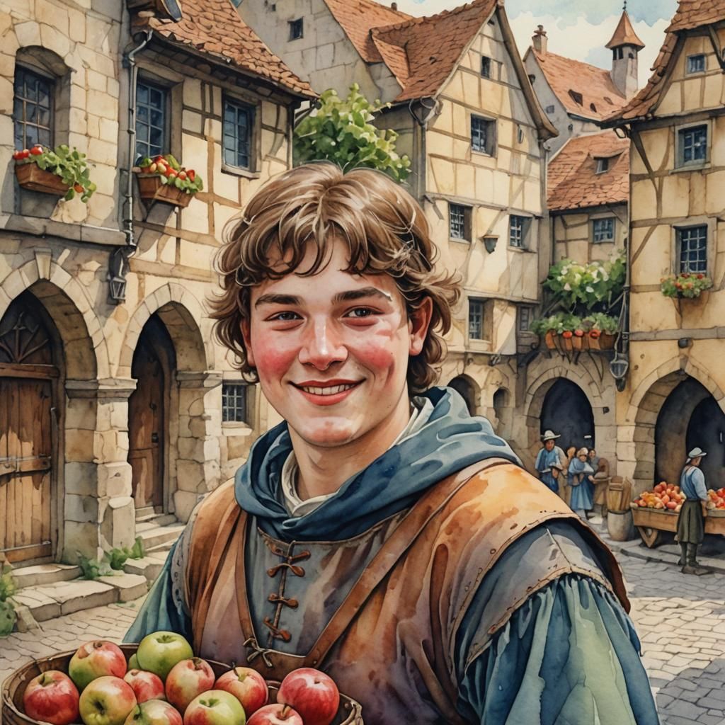 Cheerful Peasant Selling Apples: Watercolor Fantasy Portrait