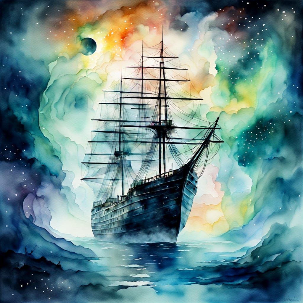 Surreal Watercolor Ghost Ship in Cosmic Void