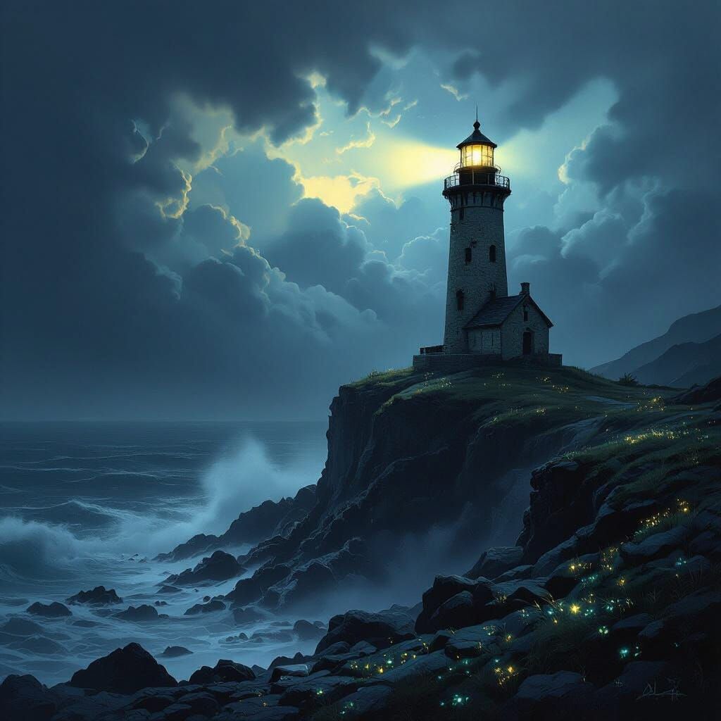 Lighthouse Against Stormy Sea: Dark Fantasy Concept Art