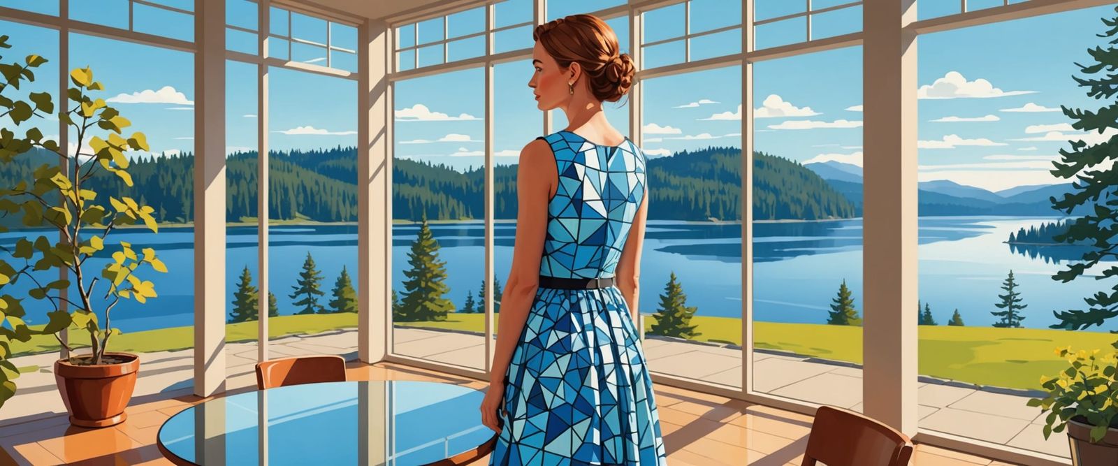 Woman in Sunny Atrium with Lake View