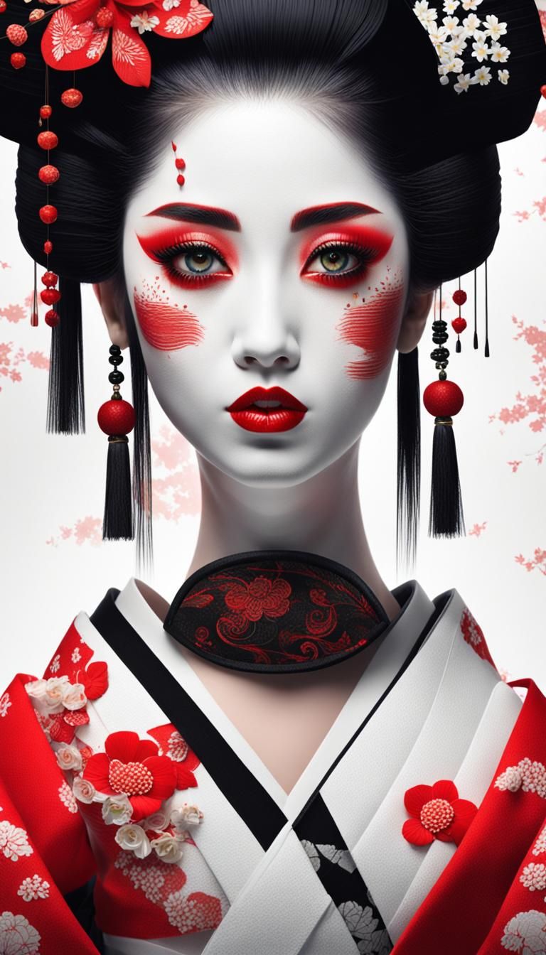 Geisha with Traditional Makeup in Red, Black, and White