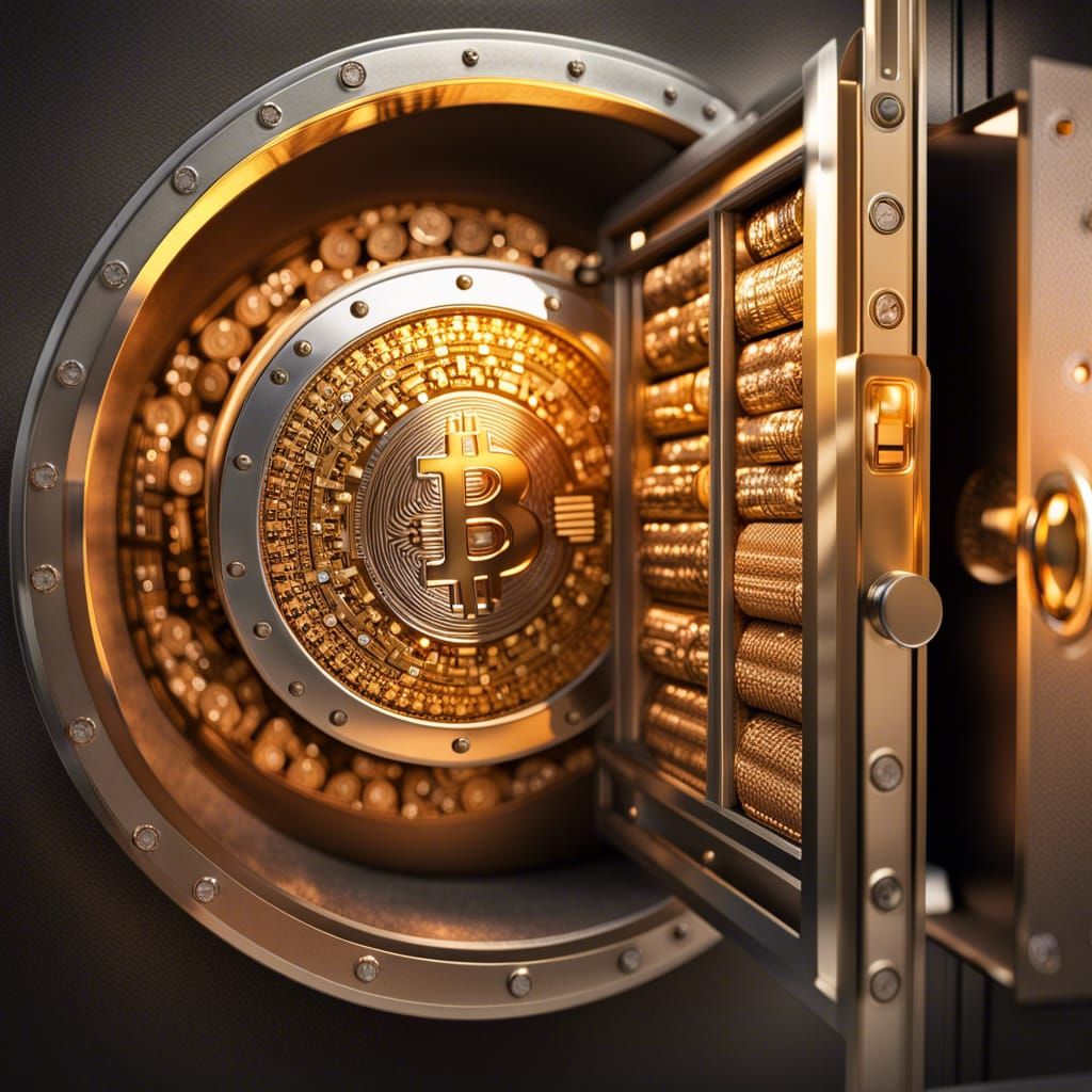 Realistic vault, open, with bitcoin logo on door, with cash, diamonds, gold  bars, ledger crypto storing devices, intricate details, HDR, Pro...