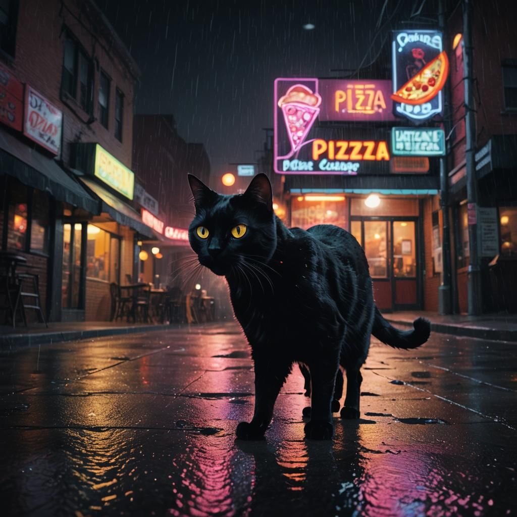 Black Cat in Rainy City Night: Digital Art