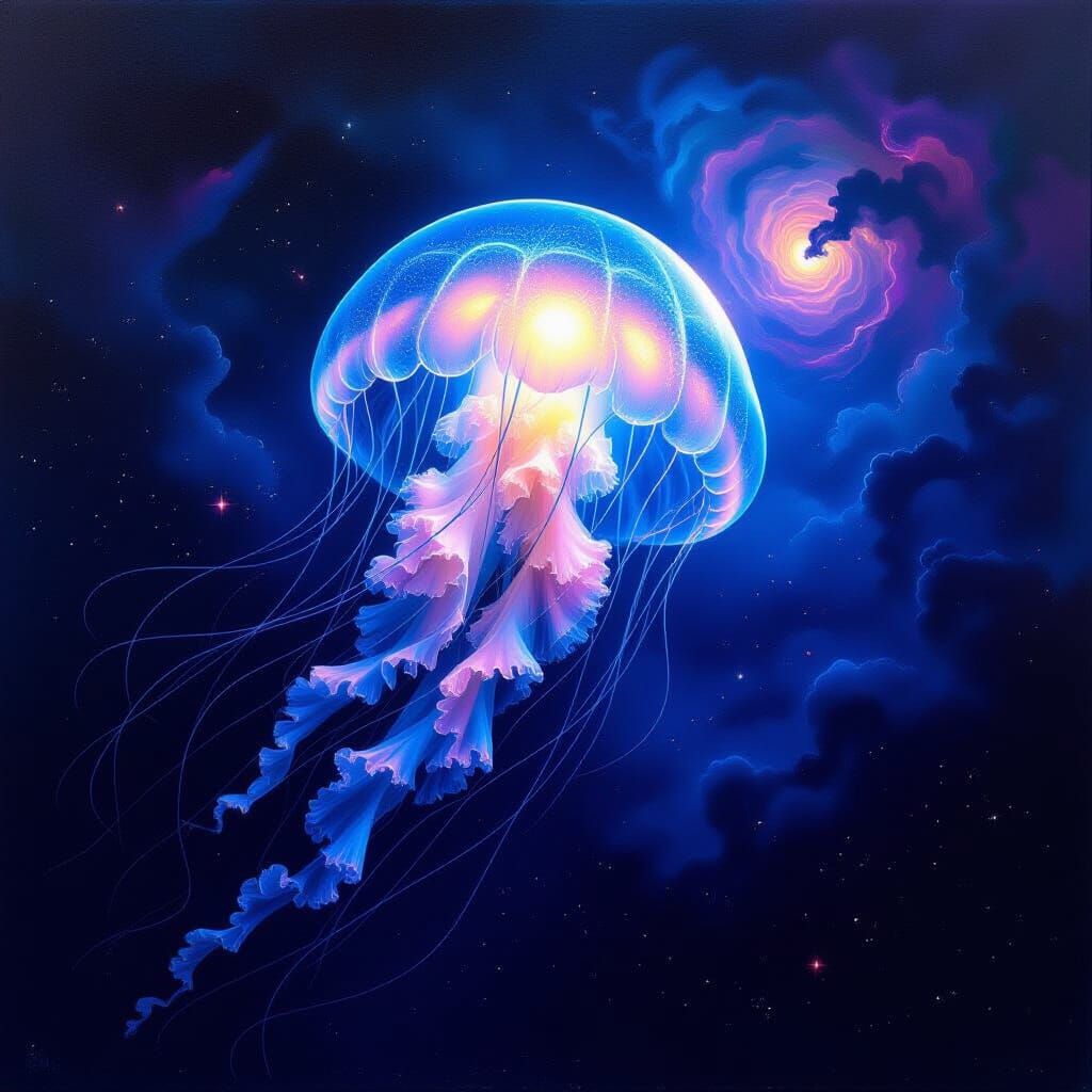Bioluminescent Jellyfish in Deep Space Oil Painting