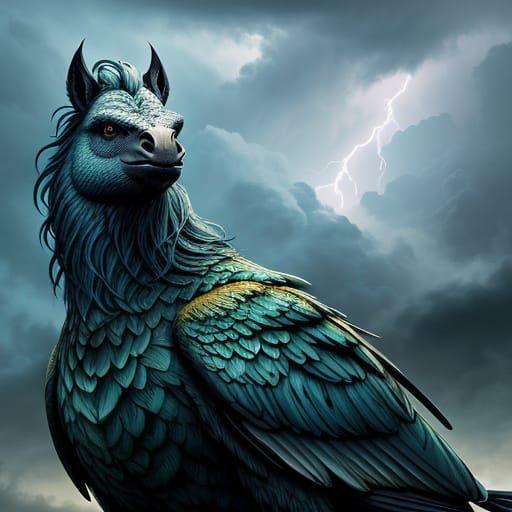 Hippogriff Emerges from Stormy Clouds