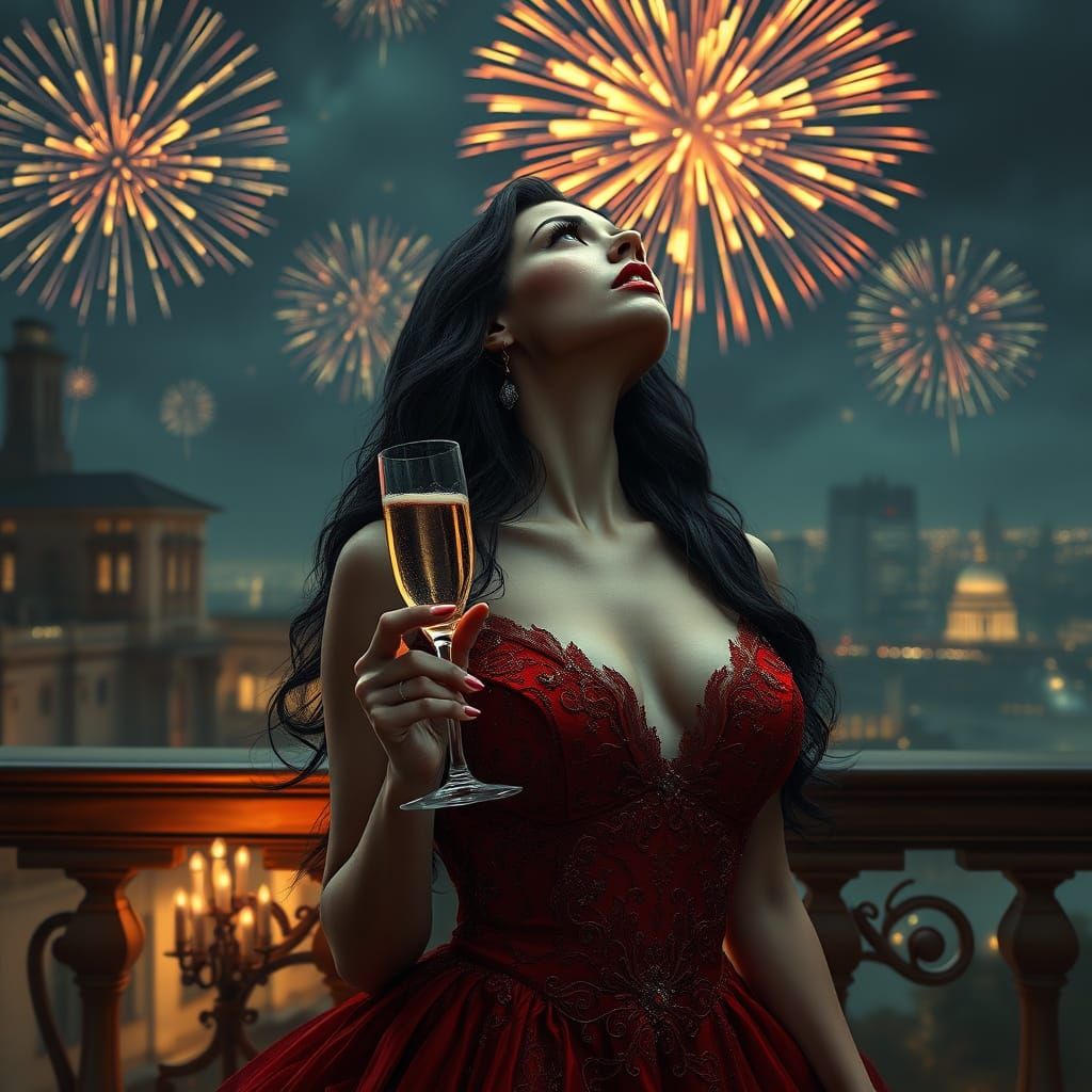 Vampire Woman in Red Gown Gazes at Fireworks