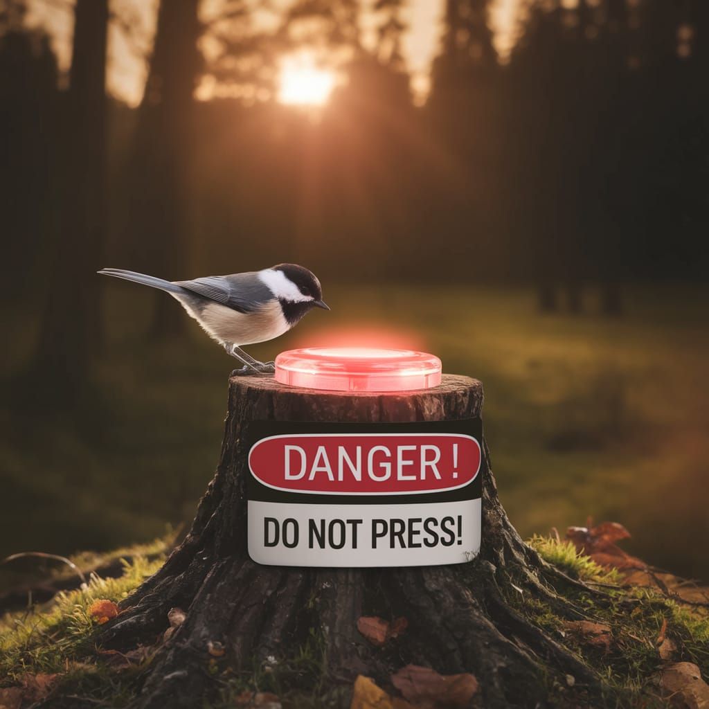 Chickadee Contemplates a Red Button of Doom